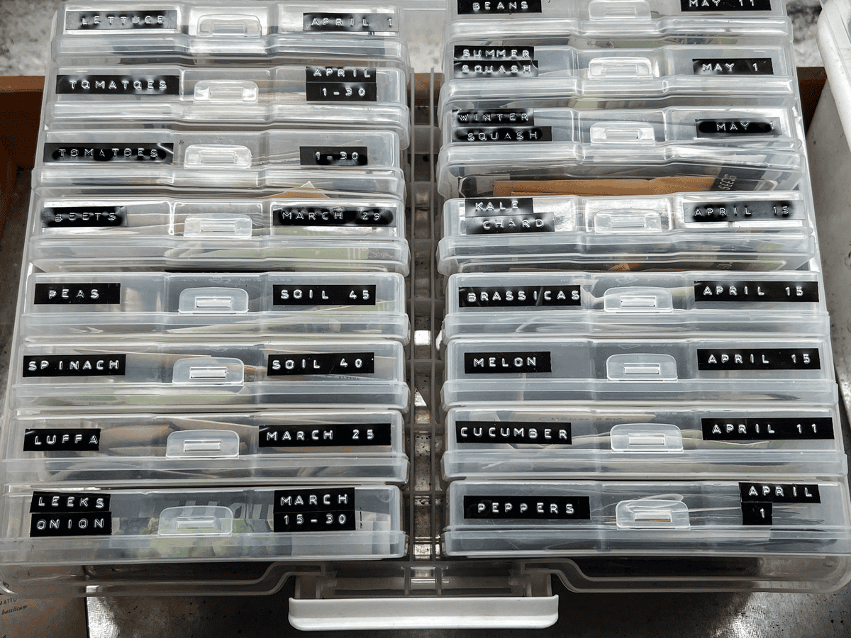 Photo case being used for flower and vegetable seed storage and organization.