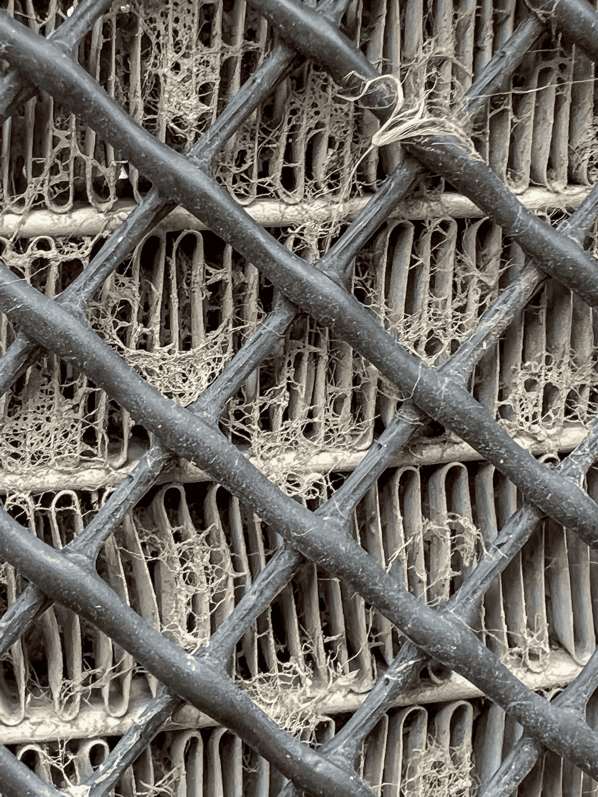 Dirty, dusty fins on outdoor AC unit.