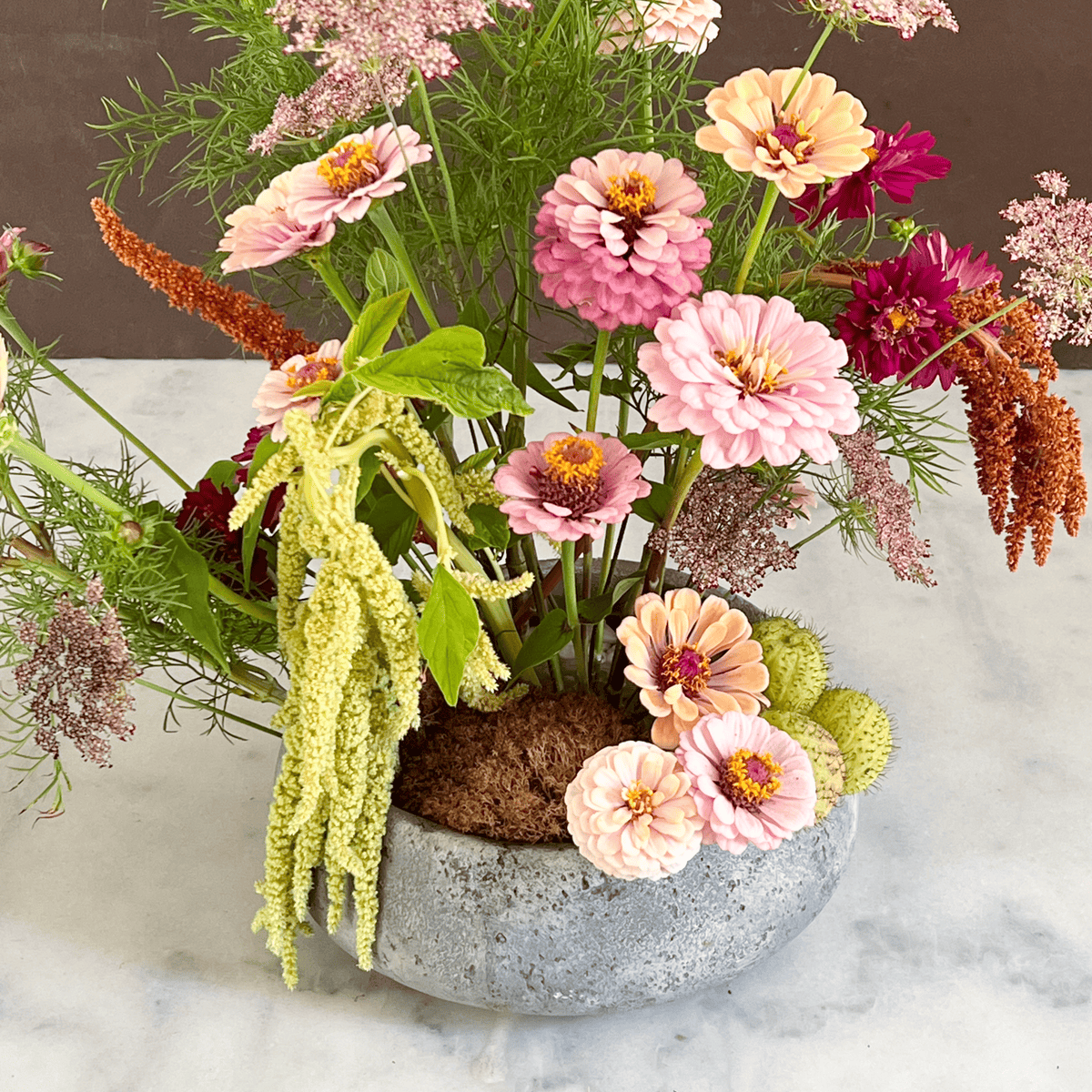 Flower arrangement of zinnia, laceflower, balloon flower, amaranth and preserved moss.