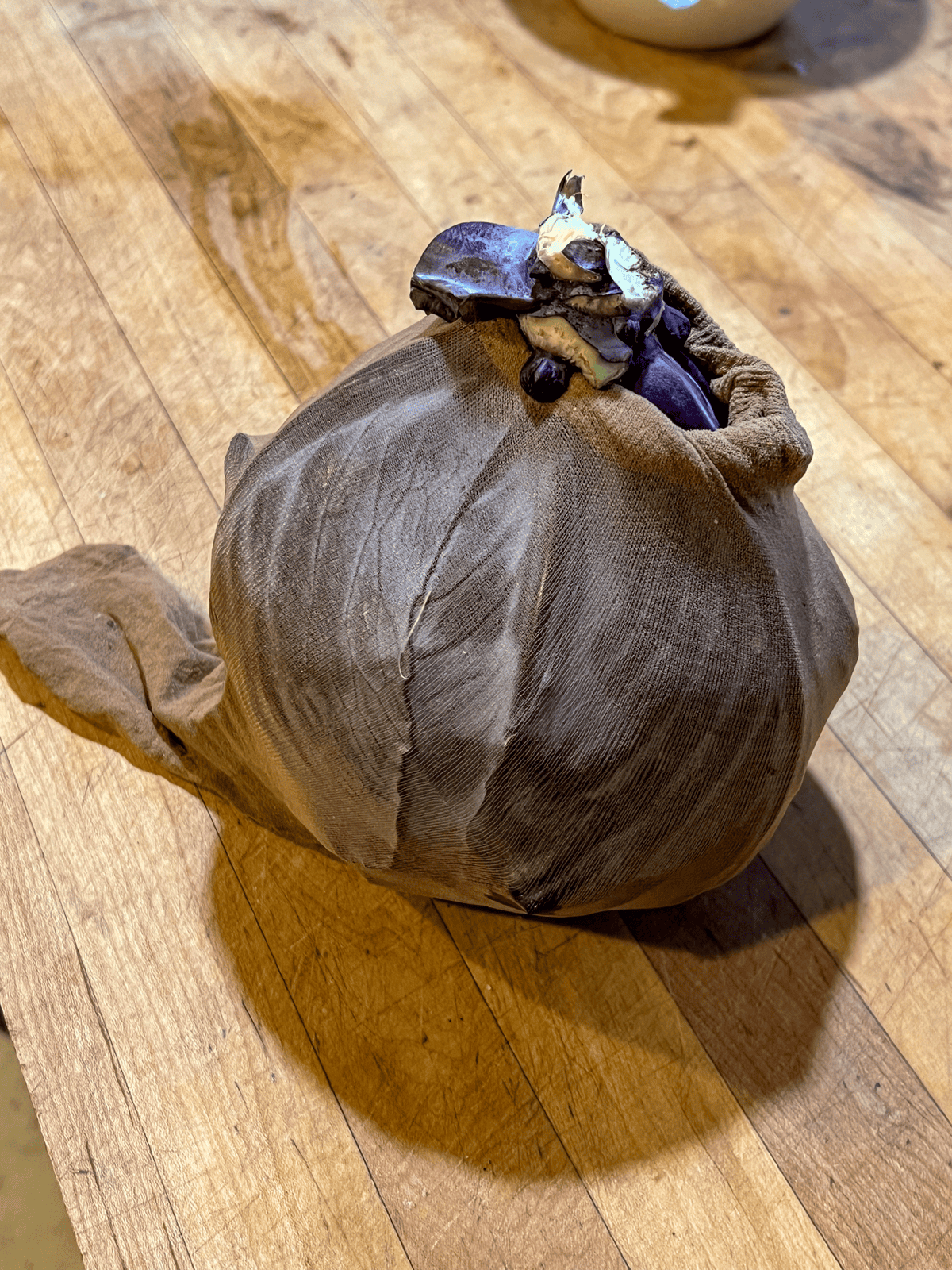 Red cabbage inside a woman's knee high panty hose on a wood countertop.