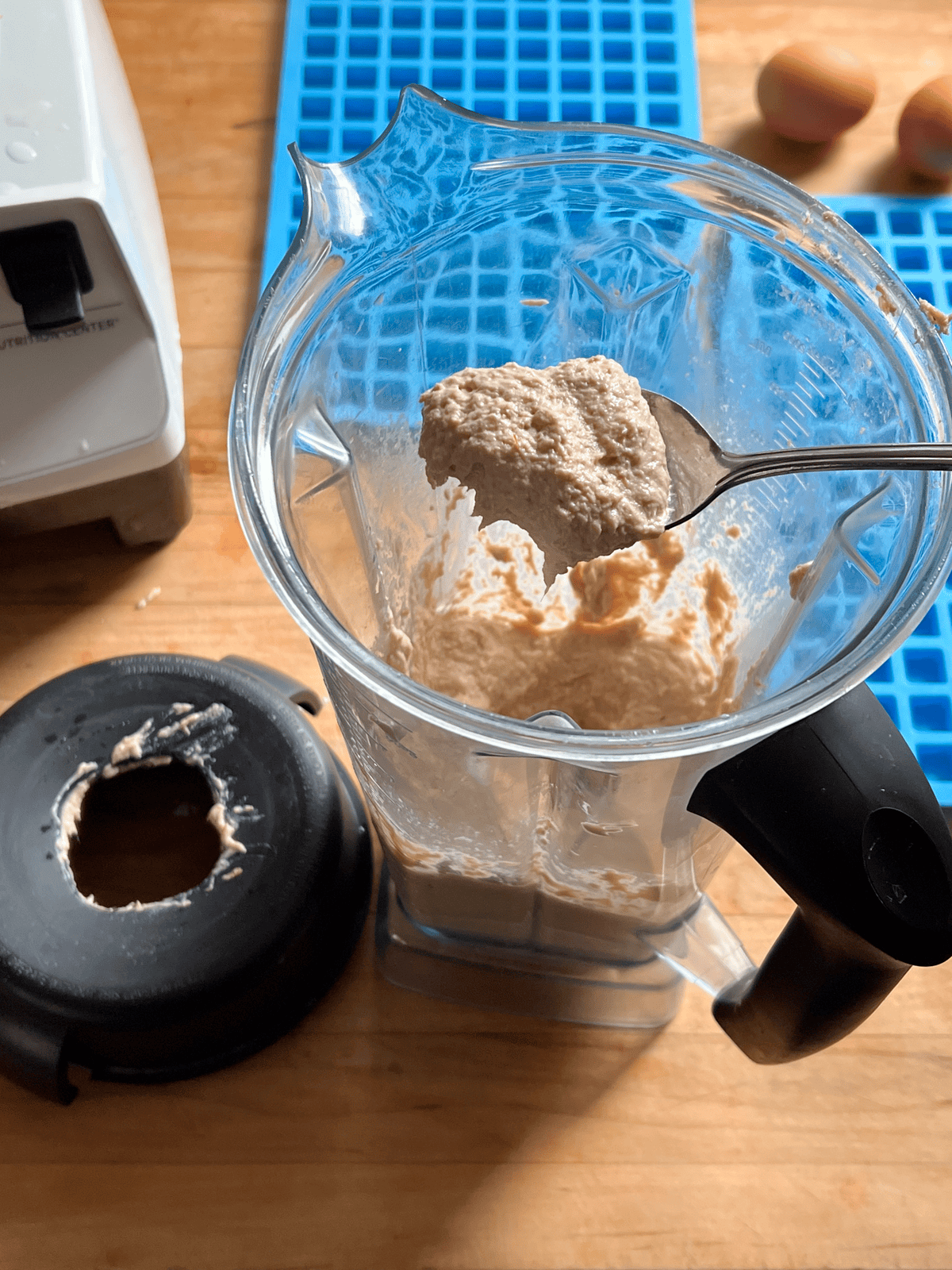 Homemade dog treat batter made with meat in a Vitamix blender.