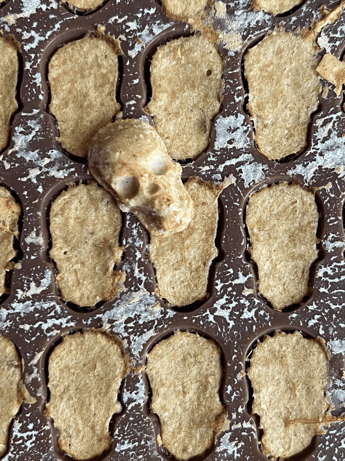 Brown silicone baking mold in the shape of skulls filled with just cooked dog treats.