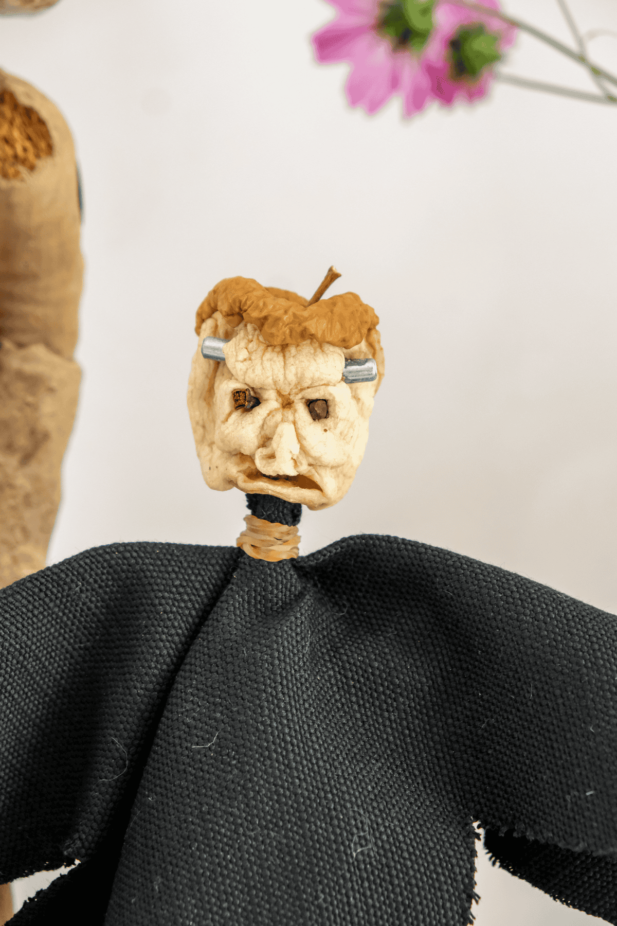 Shrunken applehead Frankenstein doll for Halloween.