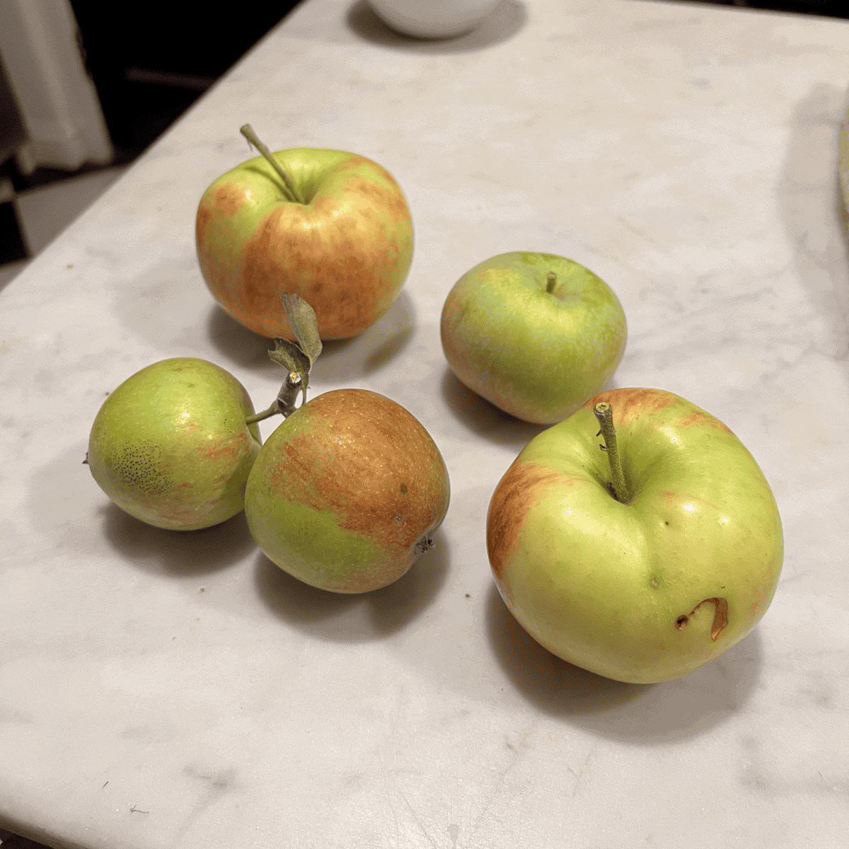 5 apples sit on a marble countertop.