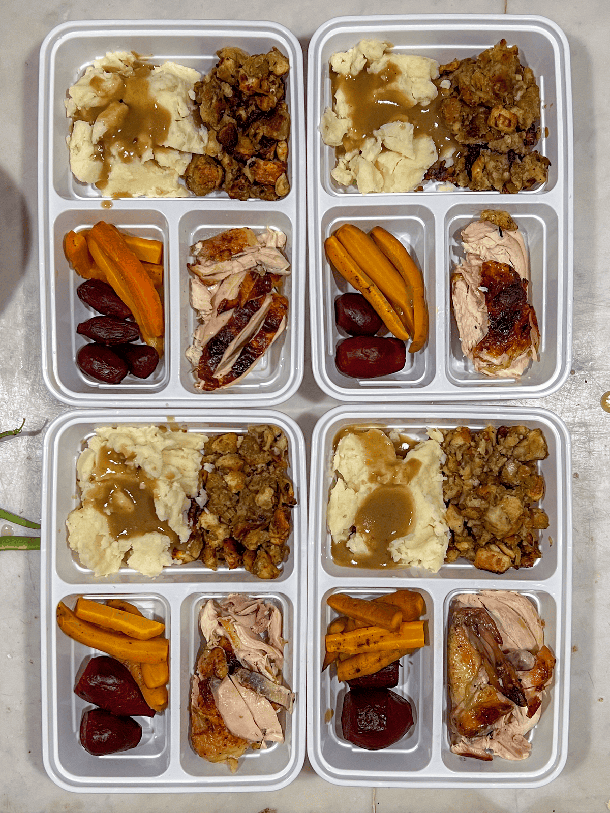 Homemade frozen tv dinners with Thanksgiving leftovers.